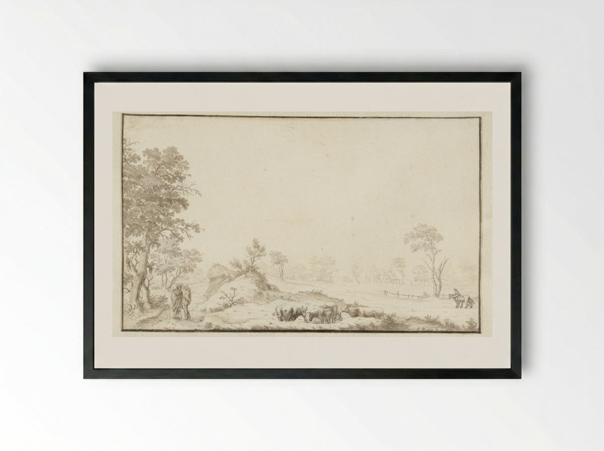 Landschap met koeien en wandelaars - Jan Matthysz. - Framed Print Black