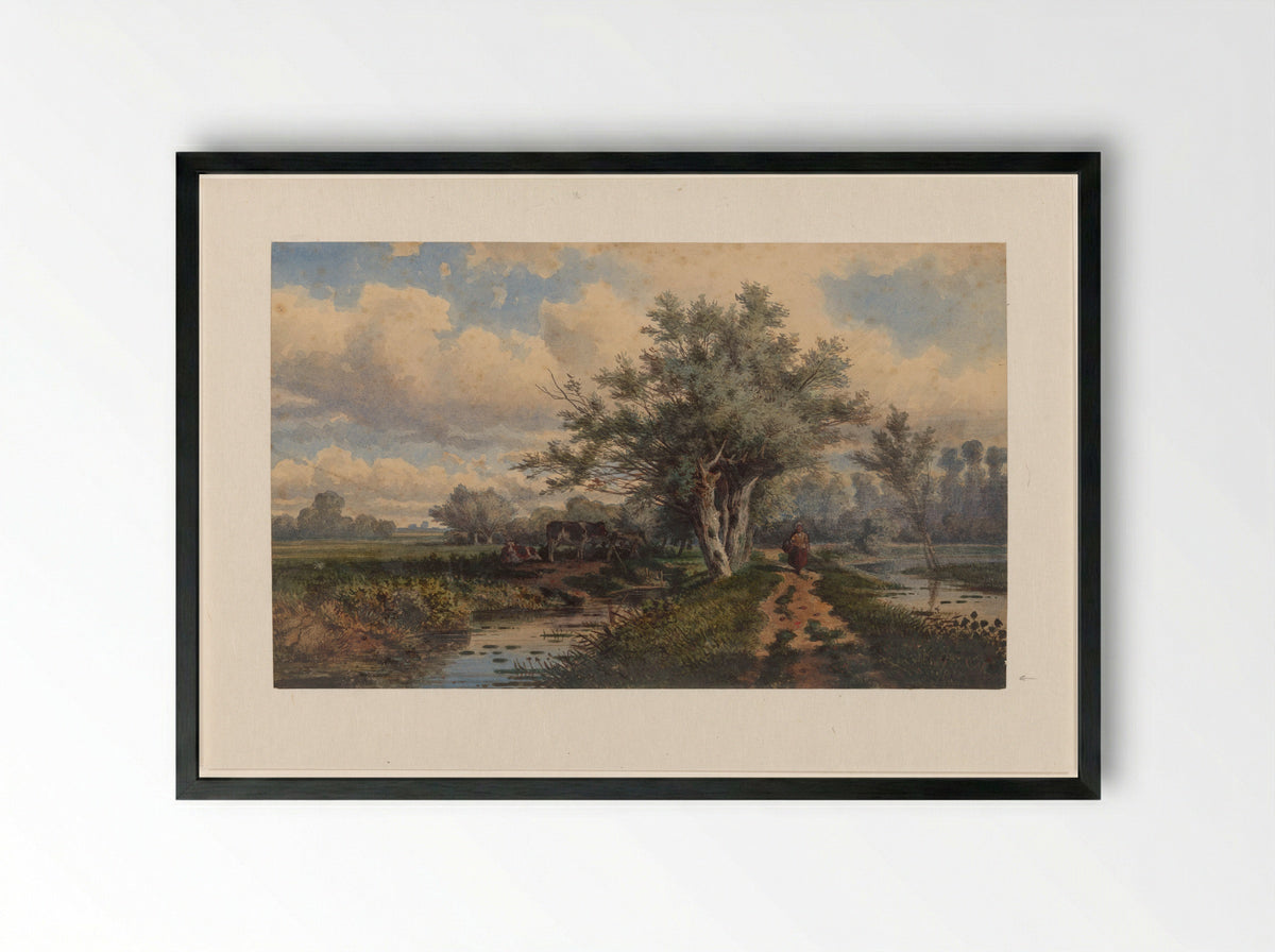 Landschap met koeien en water - Dirk van Lokhorst - Framed Print Black