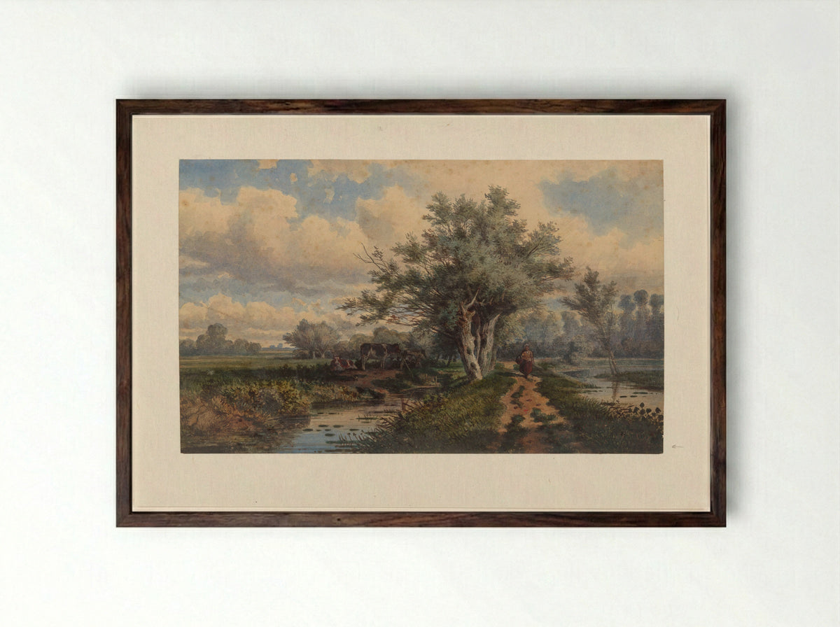 Landschap met koeien en water - Dirk van Lokhorst - Framed Print Dark Wood