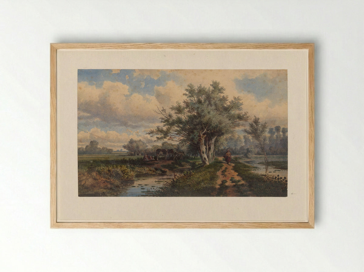 Landschap met koeien en water - Dirk van Lokhorst - Framed Print Wood