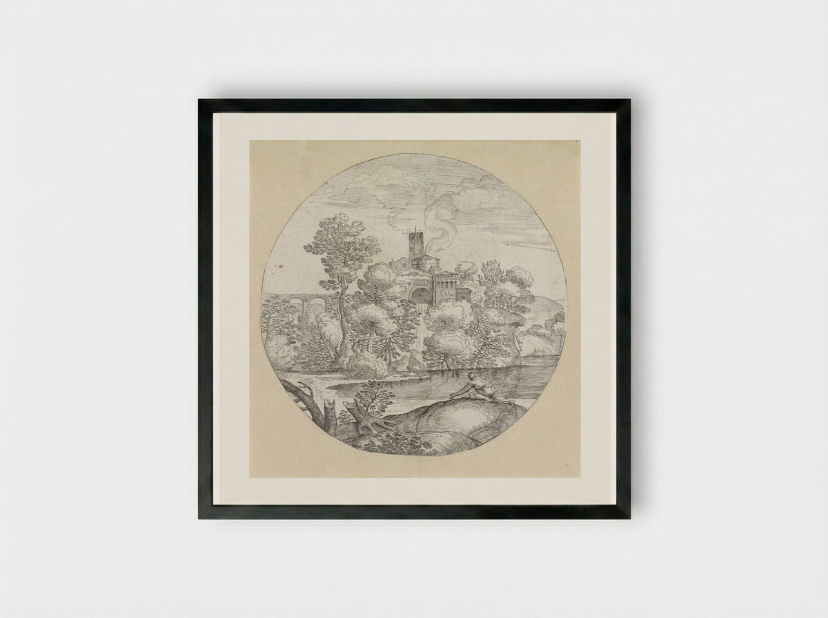 Landschap met kruipende man - Giovanni Francesco Grimaldi - Framed Print Black