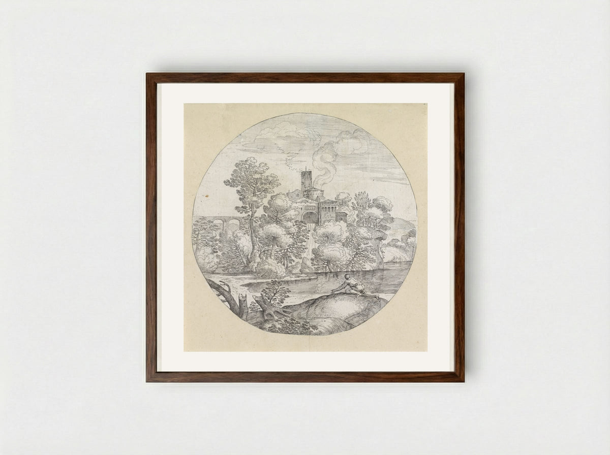 Landschap met kruipende man - Giovanni Francesco Grimaldi - Framed Print Dark Wood