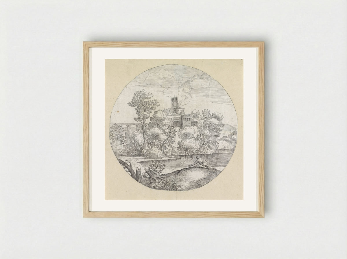 Landschap met kruipende man - Giovanni Francesco Grimaldi - Framed Print Wood