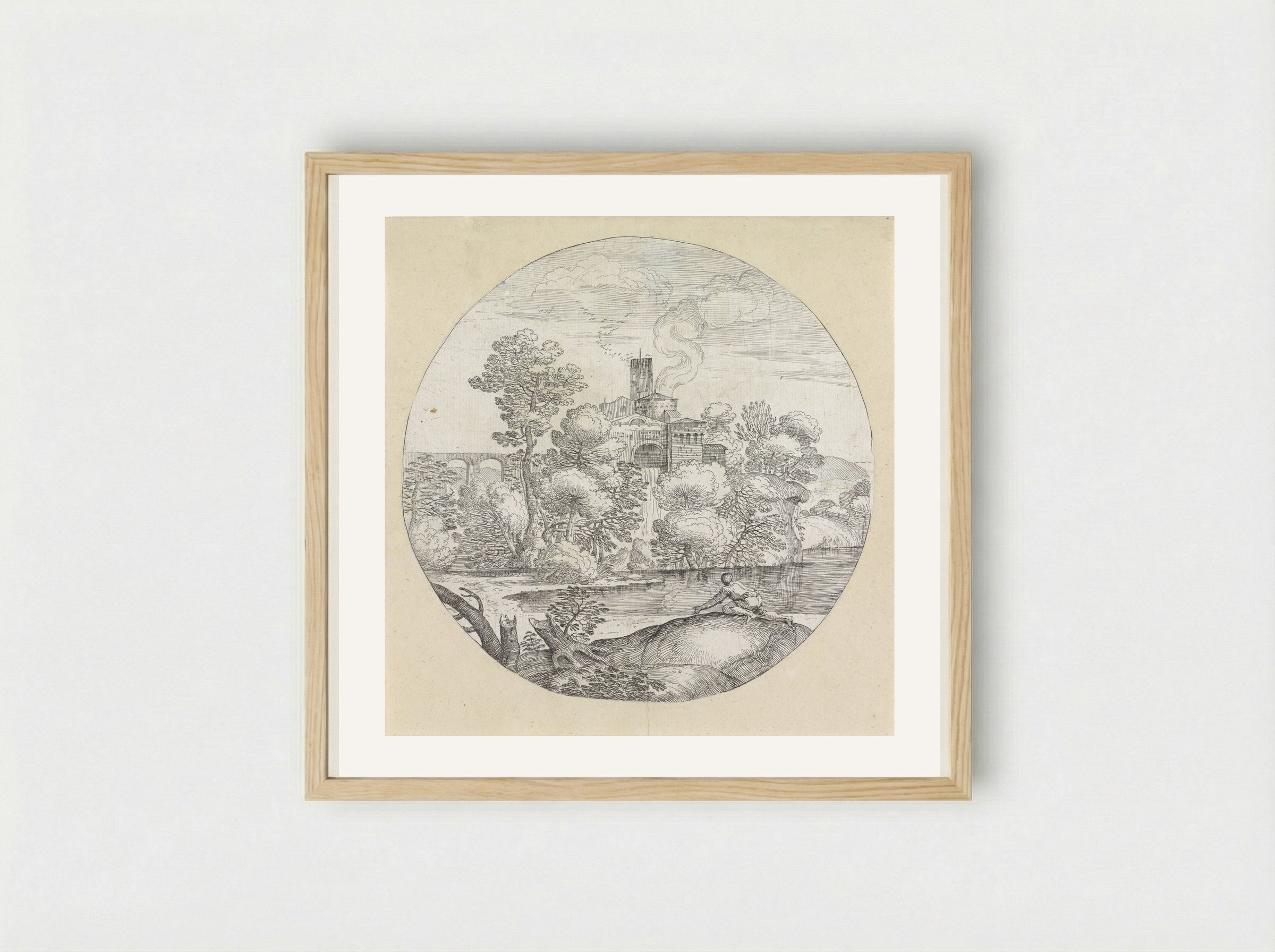 Landschap met kruipende man - Giovanni Francesco Grimaldi - Framed Print Wood