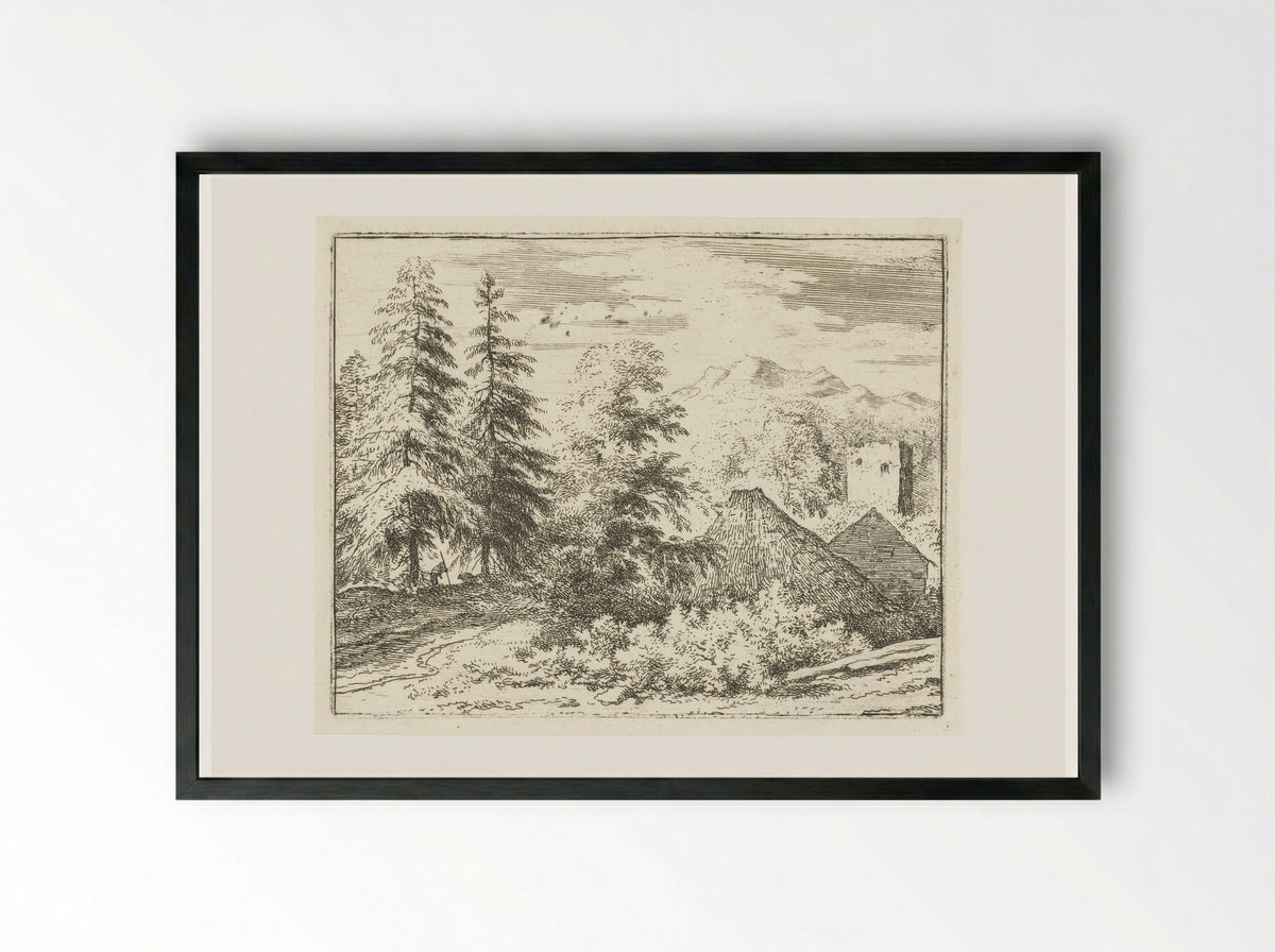 Landschap met man tussen twee sparren - Allaert van Everdingen - Framed Print Black