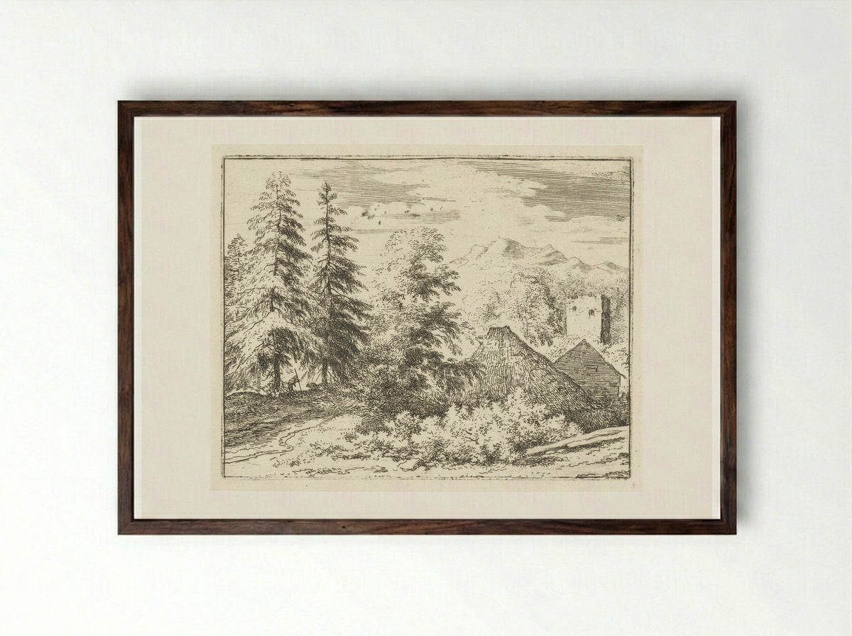 Landschap met man tussen twee sparren - Allaert van Everdingen - Framed Print Dark Wood