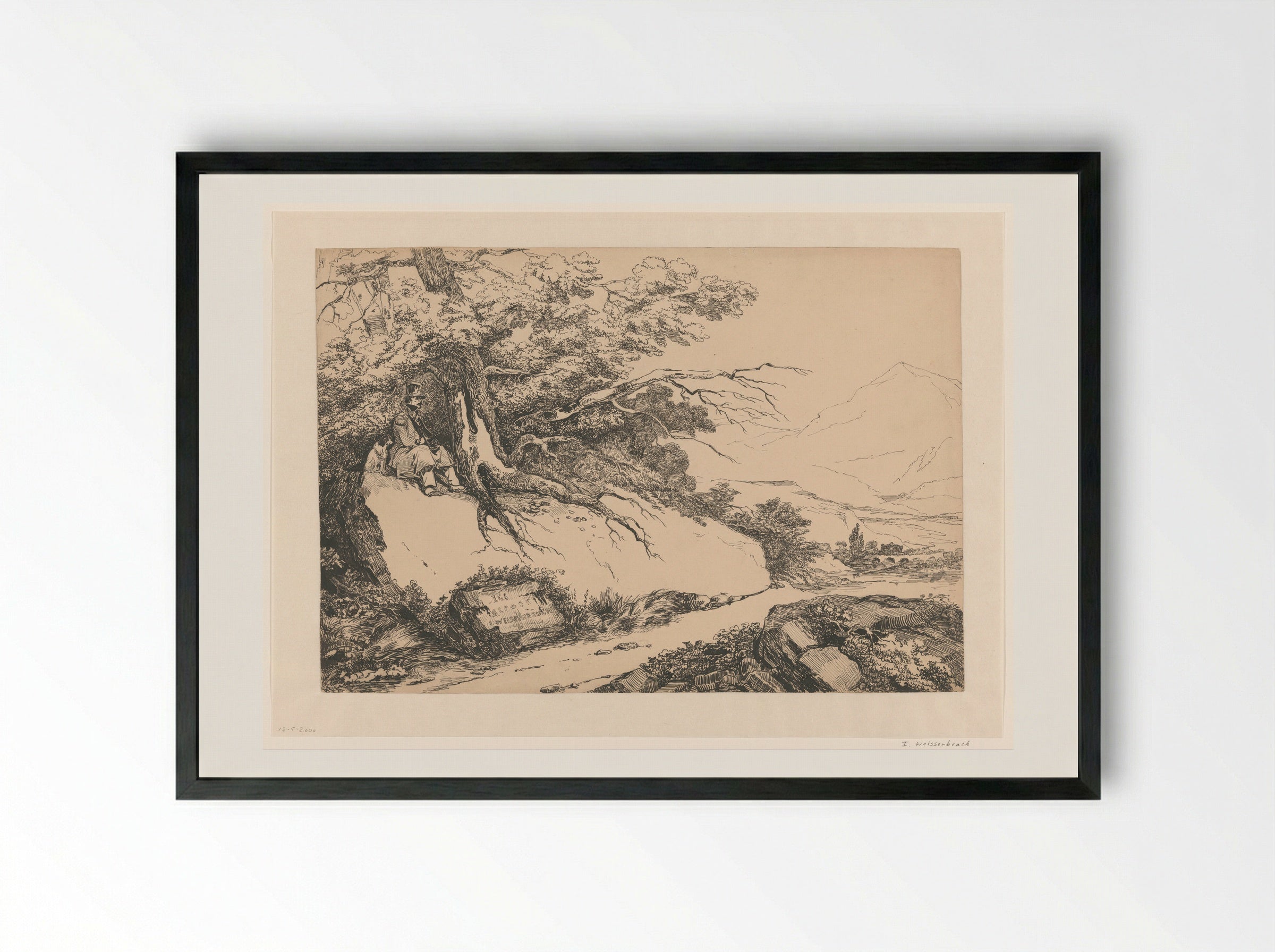 Landschap, met onder een boom een pauzerende man met hond - Isaac Weissenbruch - Framed Print Black
