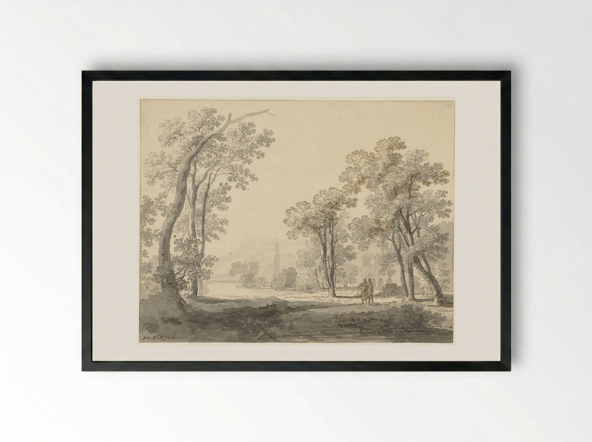Landschap met rechts twee figuren - Johann Heinrich Müntz - Framed Print Black