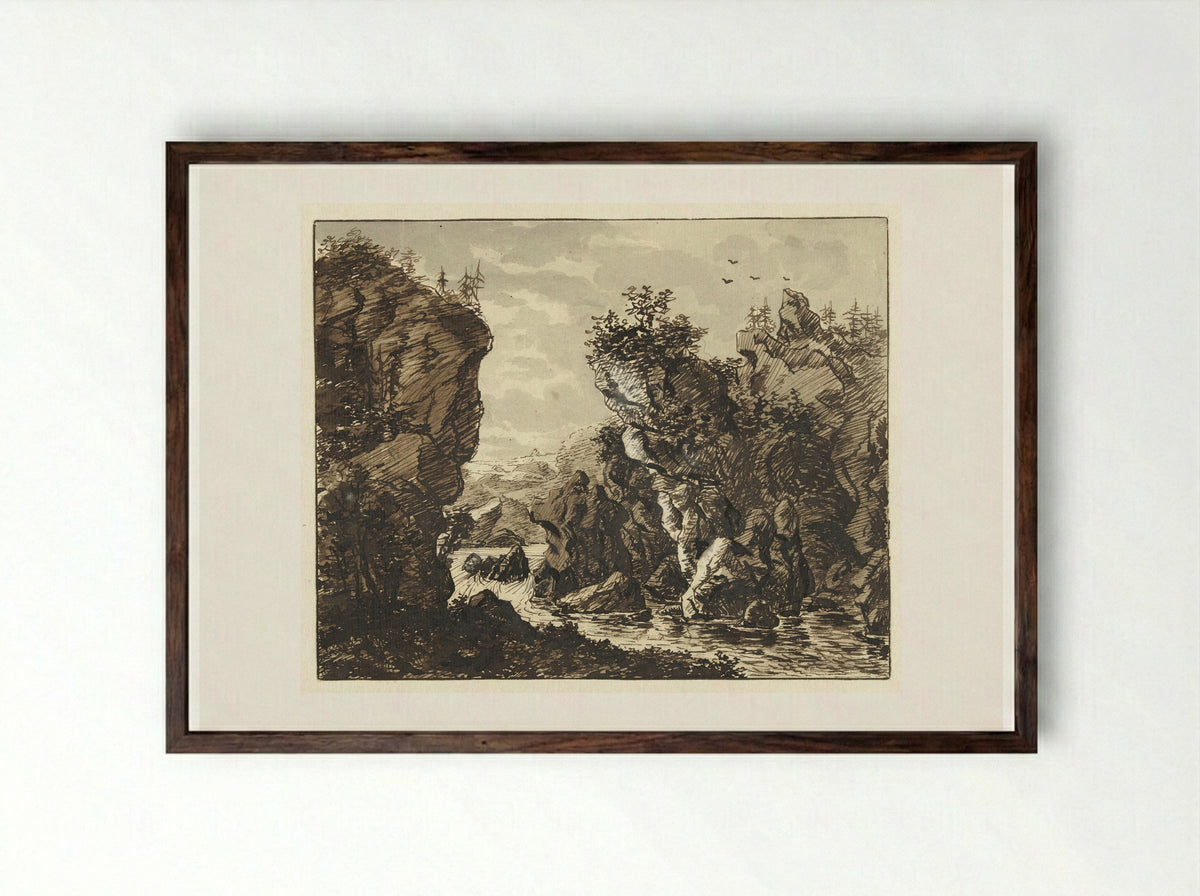 Landschap met rivier tussen rotsen - Ernst Willem Jan Bagelaar - Framed Print Dark Wood