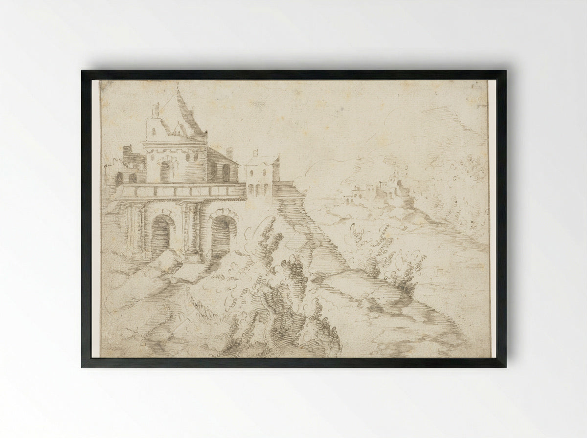 Landschap met ronde toren op een plateau - Aertgen Claesz van Leyden - Framed Print Black