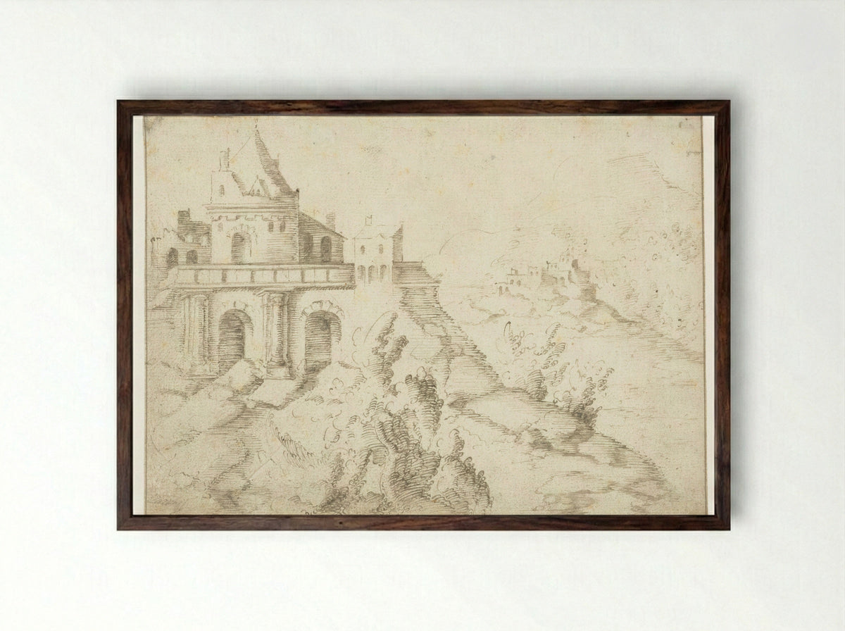 Landschap met ronde toren op een plateau - Aertgen Claesz van Leyden - Framed Print Dark Wood