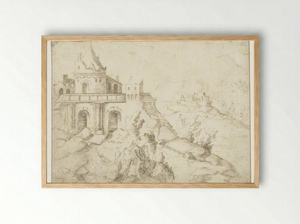 Landschap met ronde toren op een plateau - Aertgen Claesz van Leyden - Framed Print Wood
