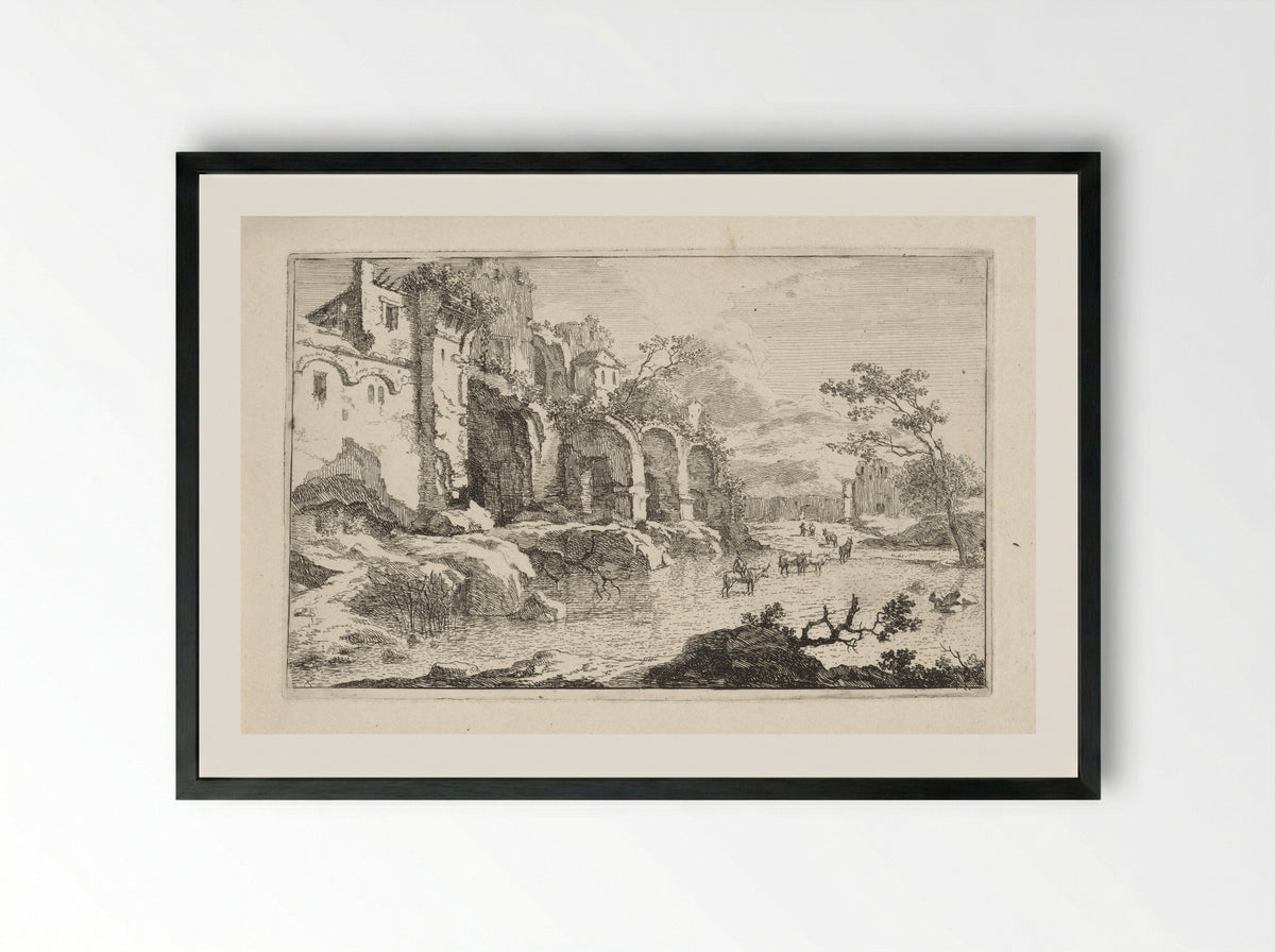 Landschap met ruïne en herder - Jan Smees - Framed Print Black