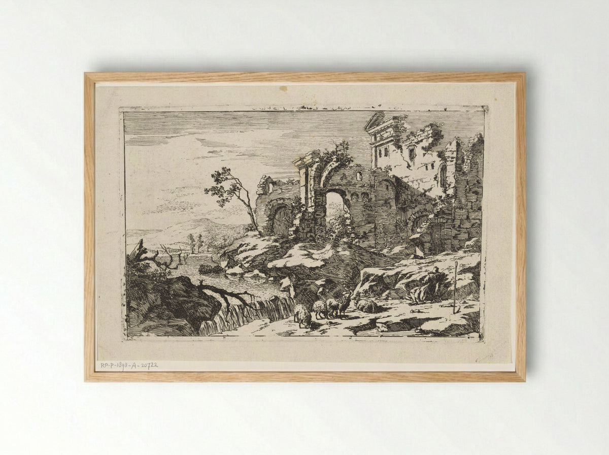 Landschap met ruïne en waterval - Jan Smees - Framed Print Wood