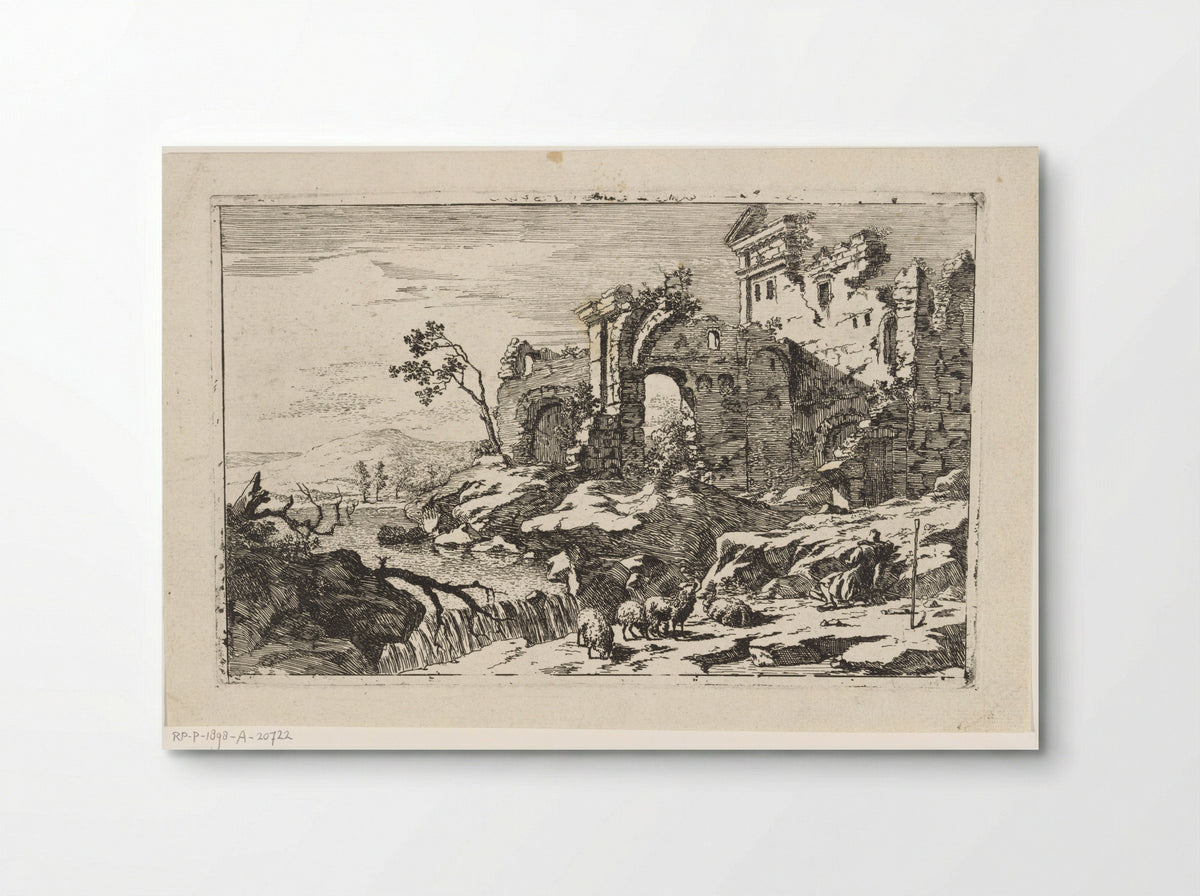 Landschap met ruïne en waterval - Jan Smees - Poster