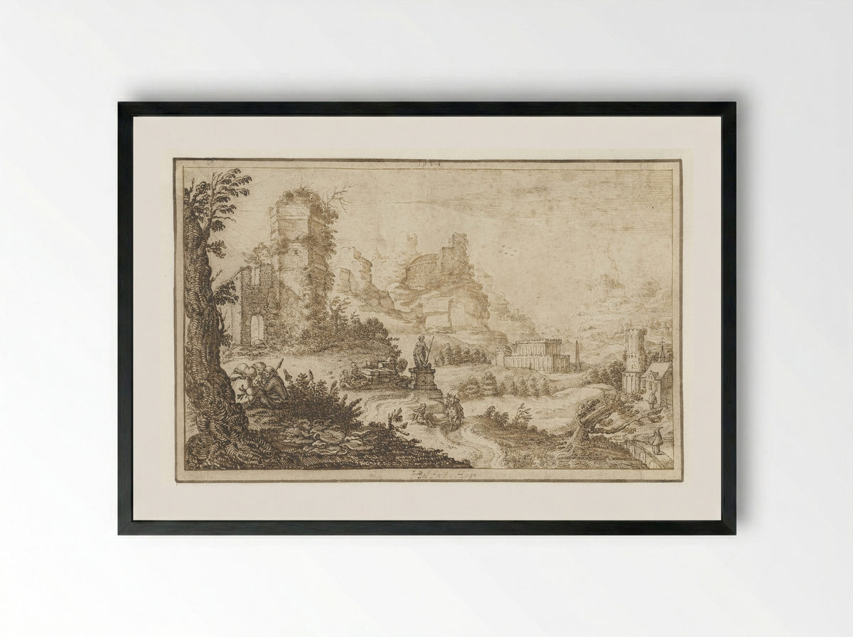 Landschap met ruïnes en een standbeeld - Herman Breckerveld - Framed Print Black