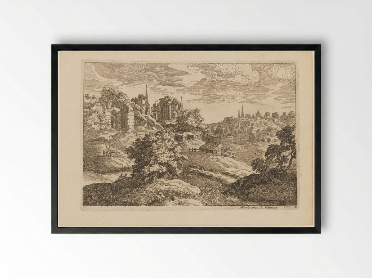 Landschap met ruïnes en herten - Moise Jean Baptiste Fouard - Framed Print Black