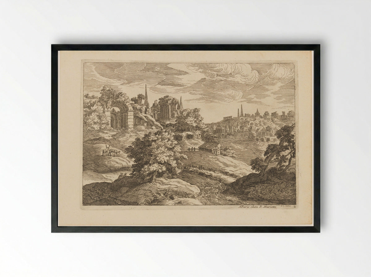 Landschap met ruïnes en herten - Moise Jean Baptiste Fouard - Framed Print Black