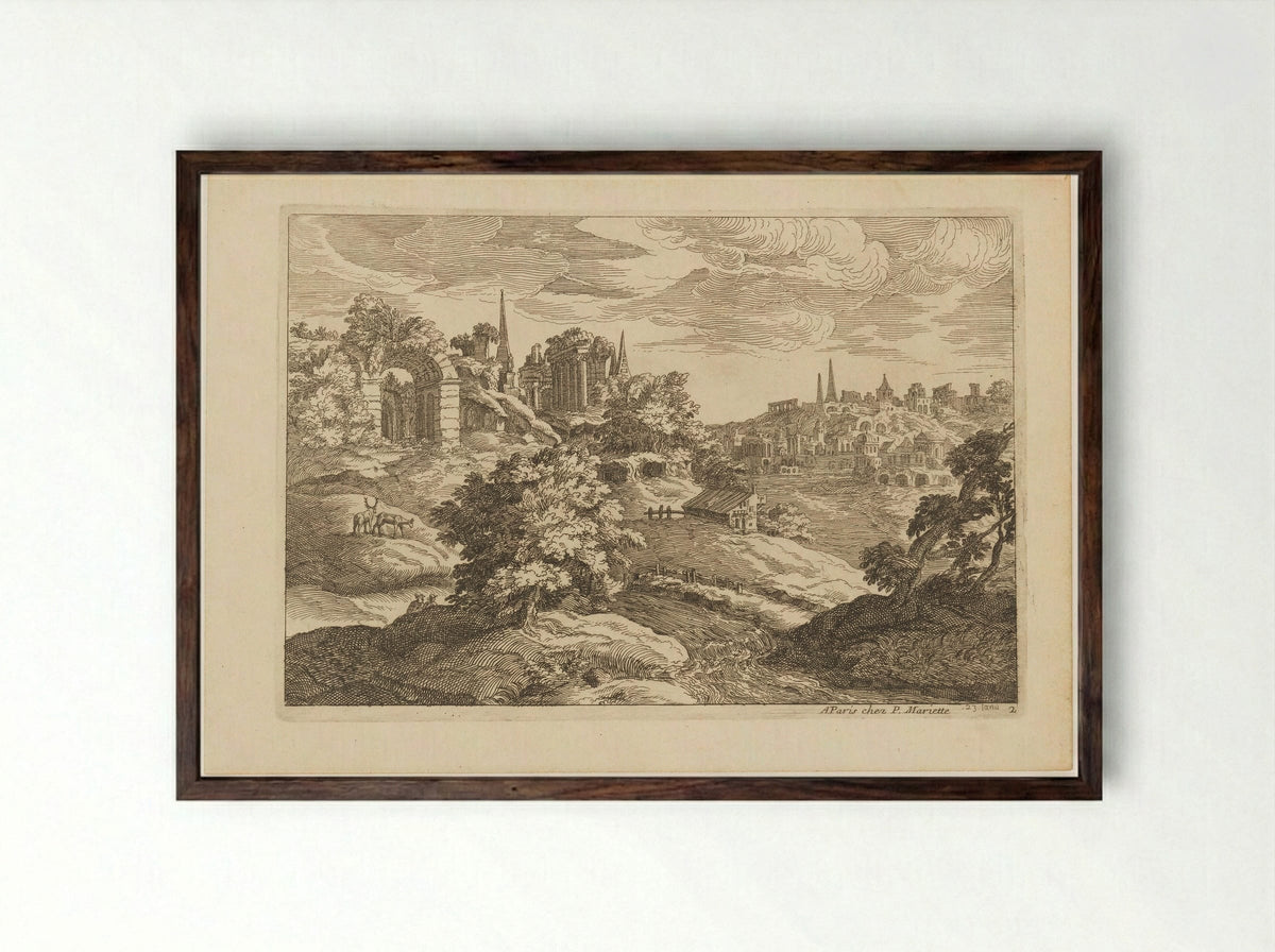 Landschap met ruïnes en herten - Moise Jean Baptiste Fouard - Framed Print Dark Wood