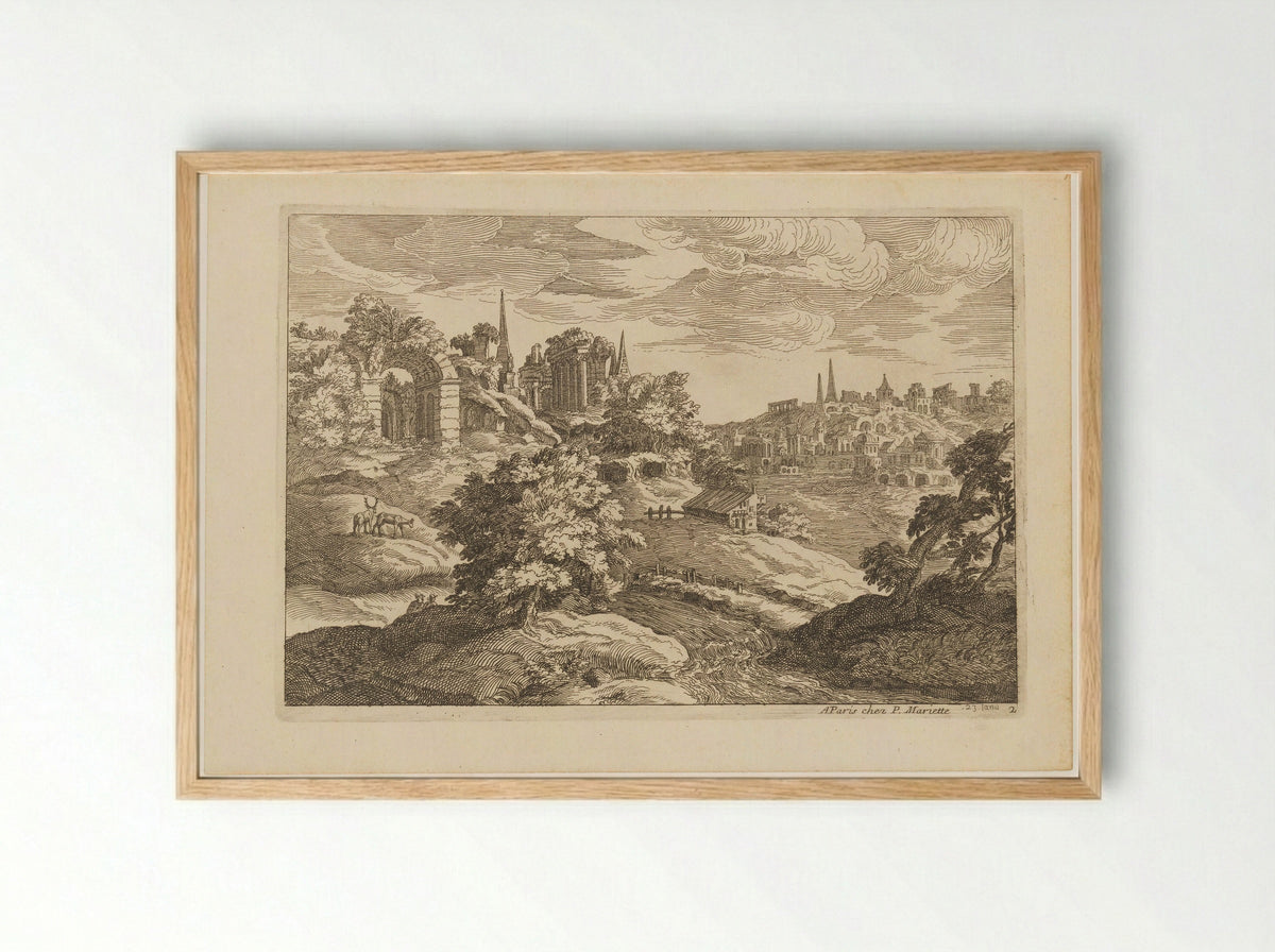 Landschap met ruïnes en herten - Moise Jean Baptiste Fouard - Framed Print Wood
