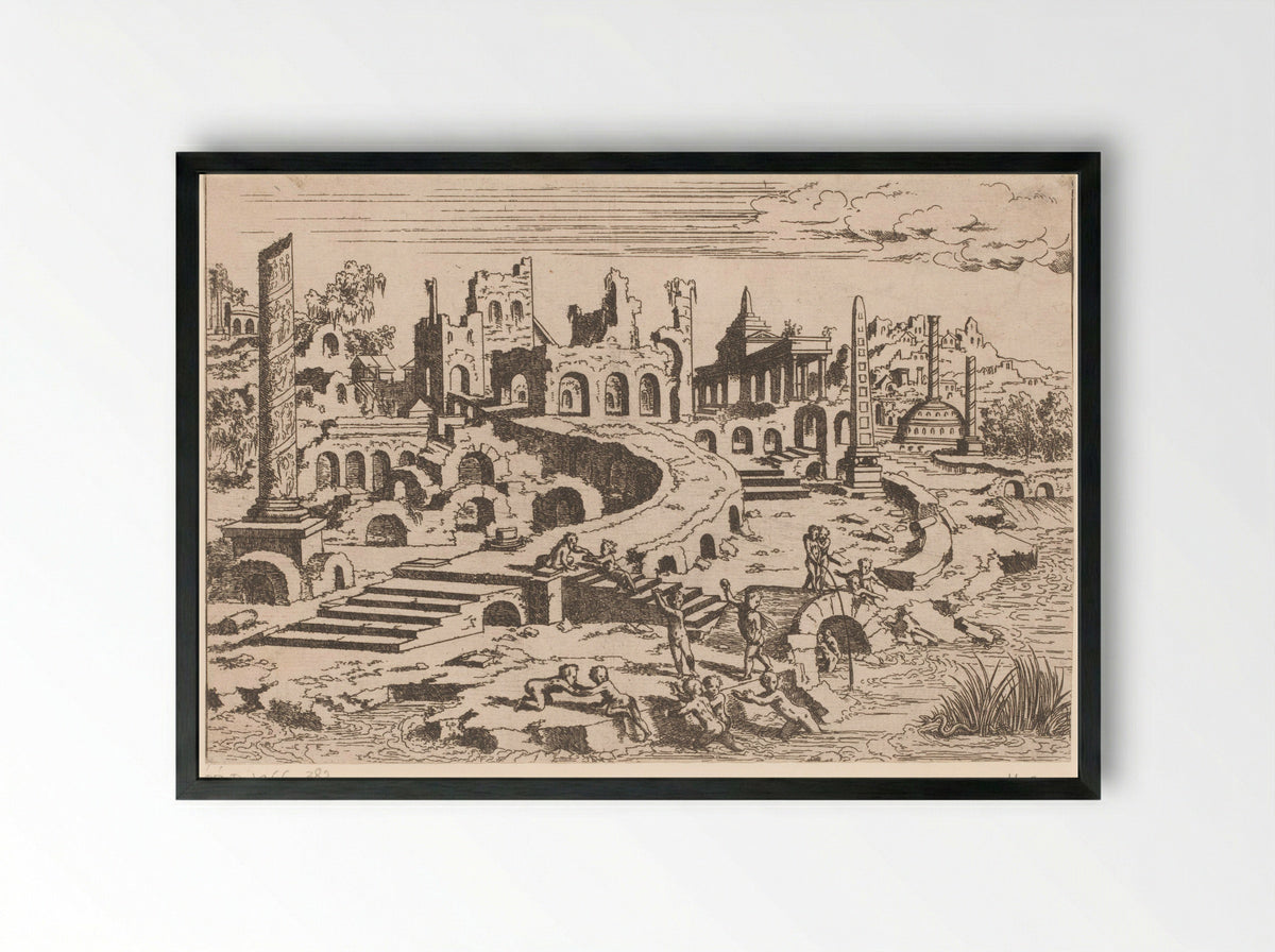 Landschap met ruïnes en putti - Léon Davent - Framed Print Black
