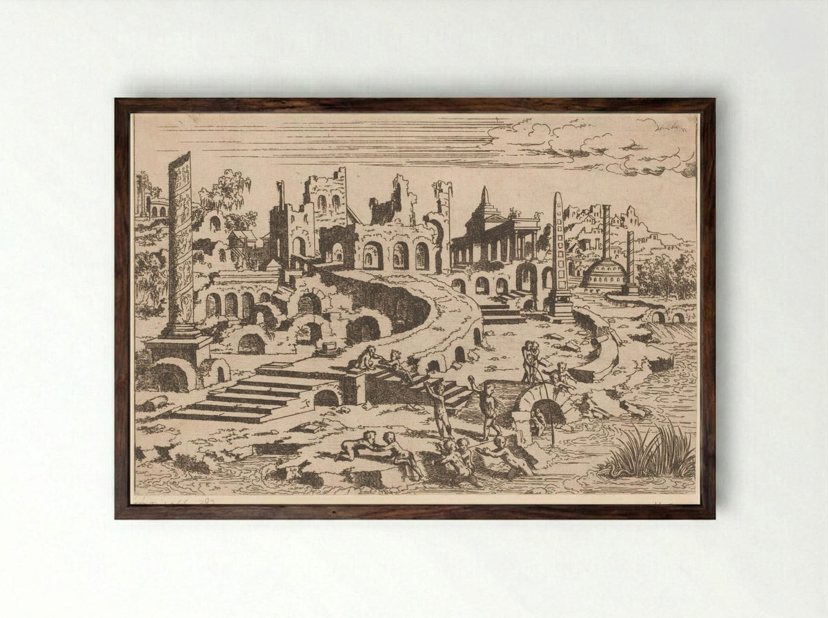 Landschap met ruïnes en putti - Léon Davent - Framed Print Dark Wood