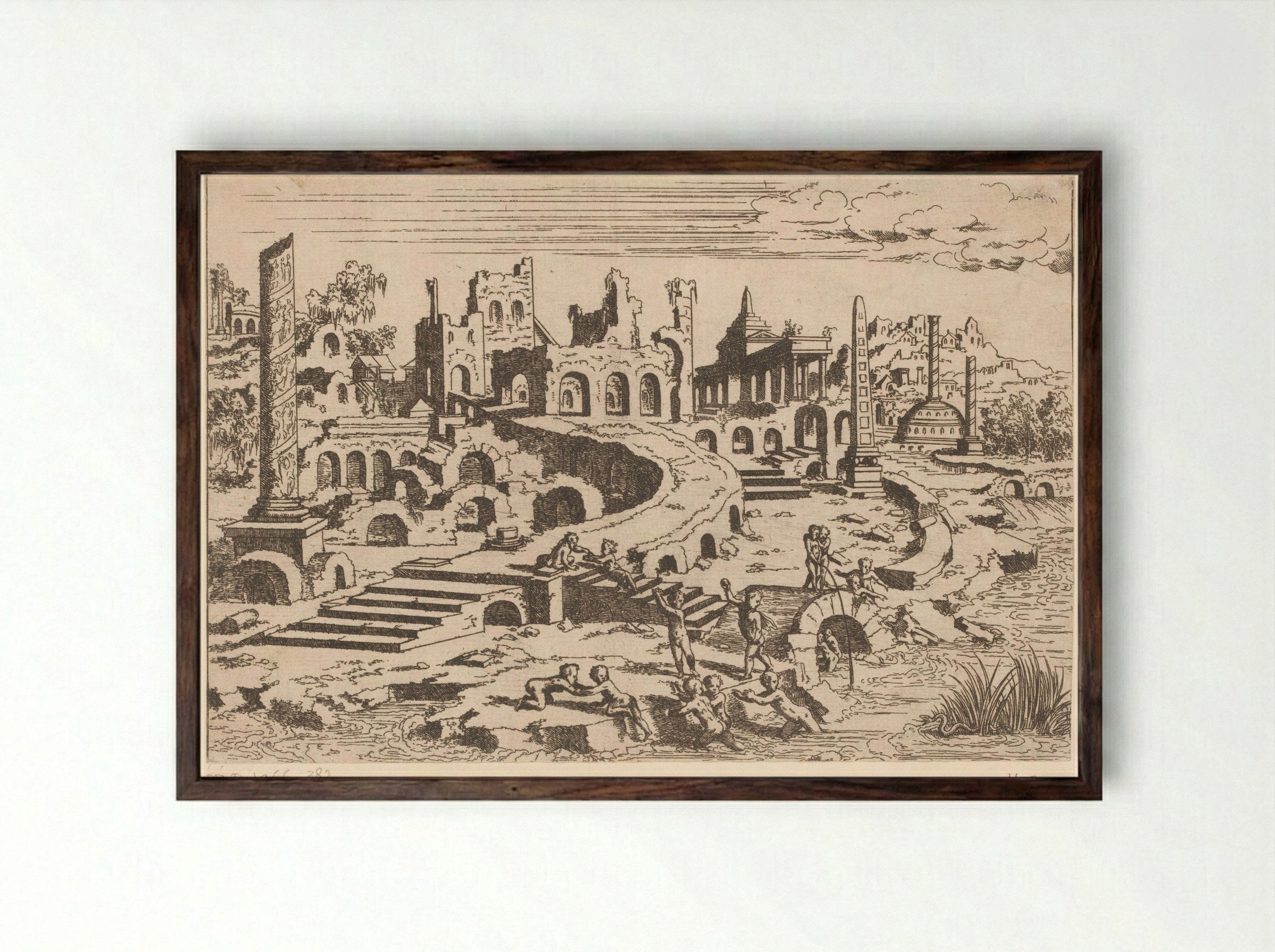 Landschap met ruïnes en putti - Léon Davent - Framed Print Dark Wood
