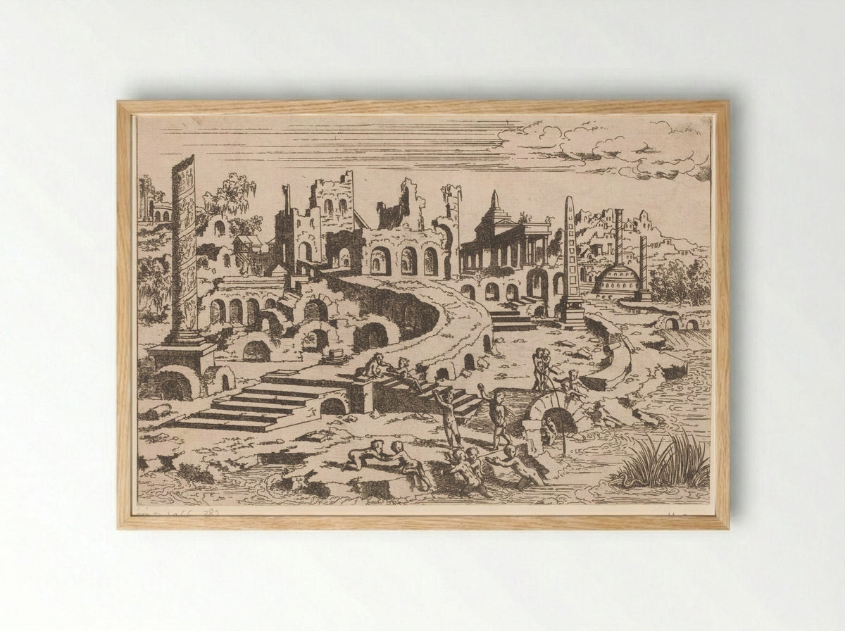 Landschap met ruïnes en putti - Léon Davent - Framed Print Wood