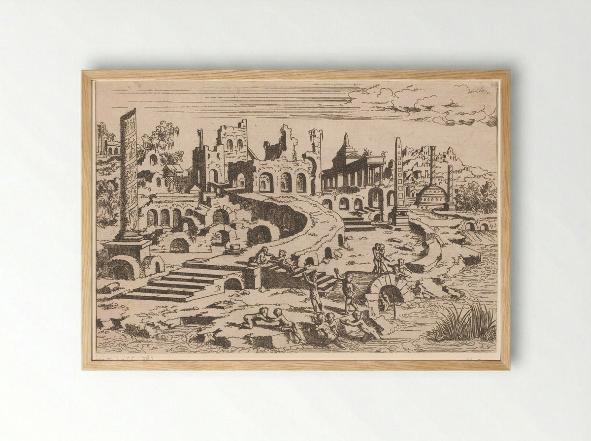 Landschap met ruïnes en putti - Léon Davent - Framed Print Wood