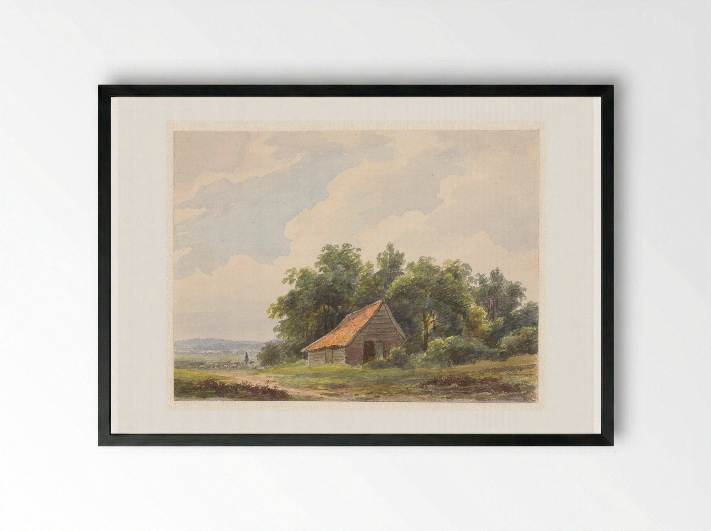 Landschap met schuur en in de verte een herder met schapen - Andreas Schelfhout - Framed Print Black