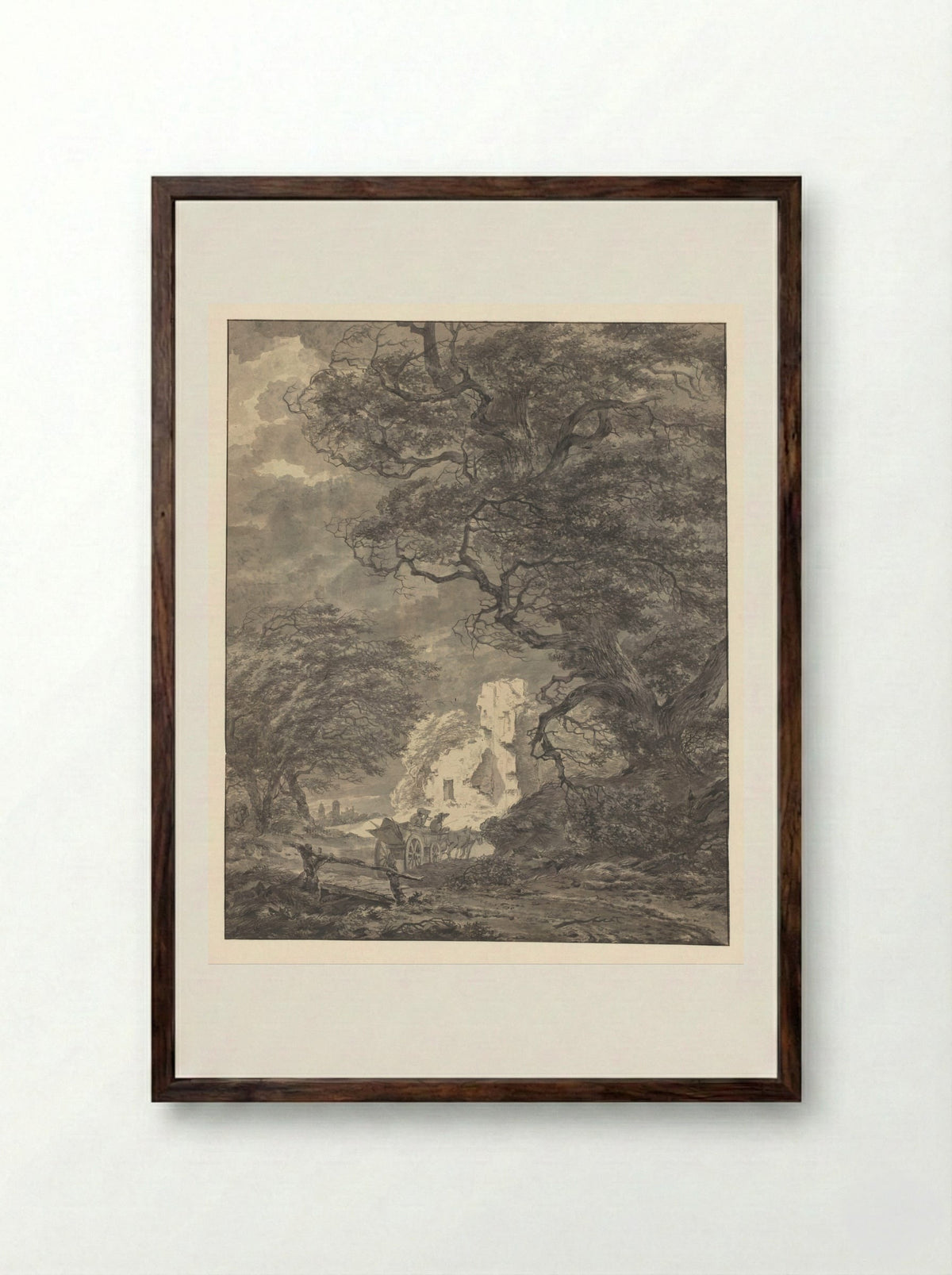 Landschap met twee figuren in een wagen - P. Pfeiffers - Framed Print Dark Wood
