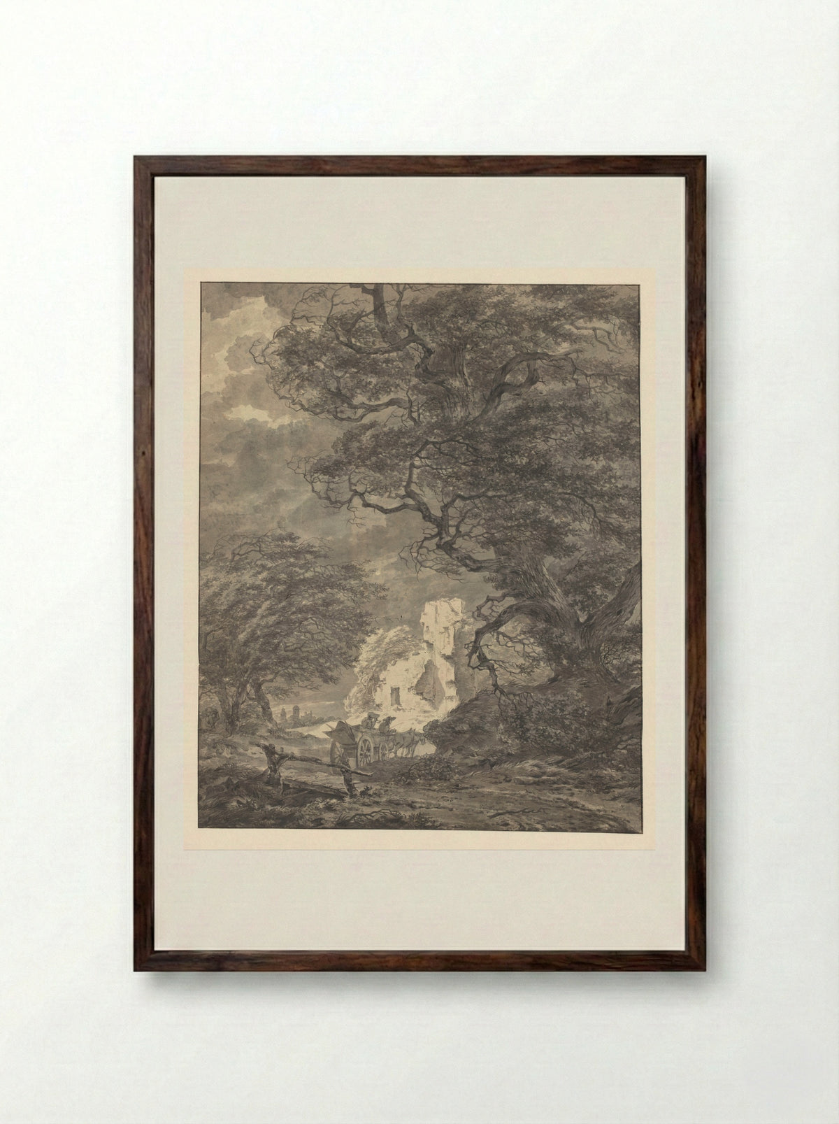 Landschap met twee figuren in een wagen - P. Pfeiffers - Framed Print Dark Wood