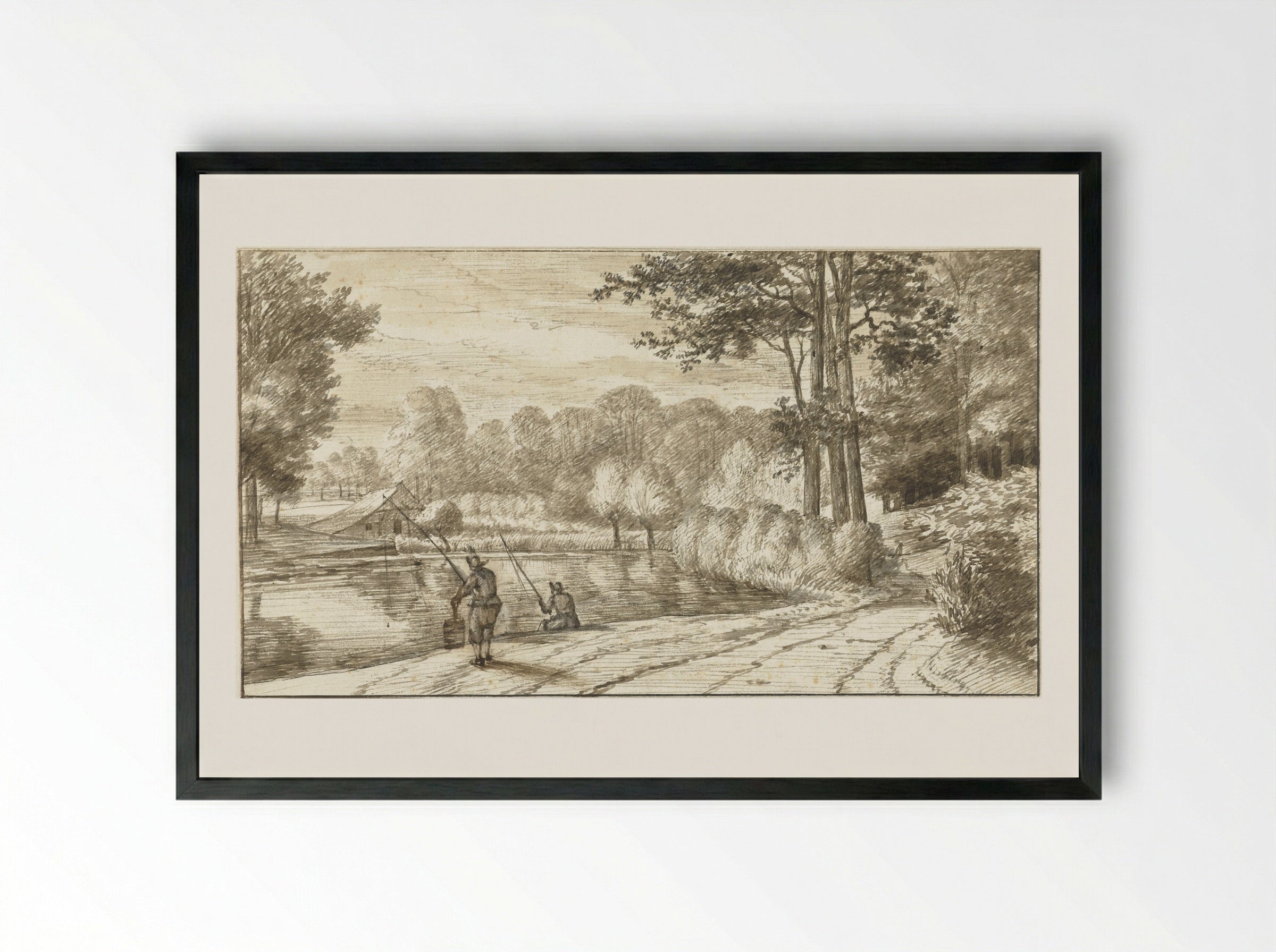 Landschap met twee hengelaars langs een weg - Abraham Rutgers - Framed Print Black