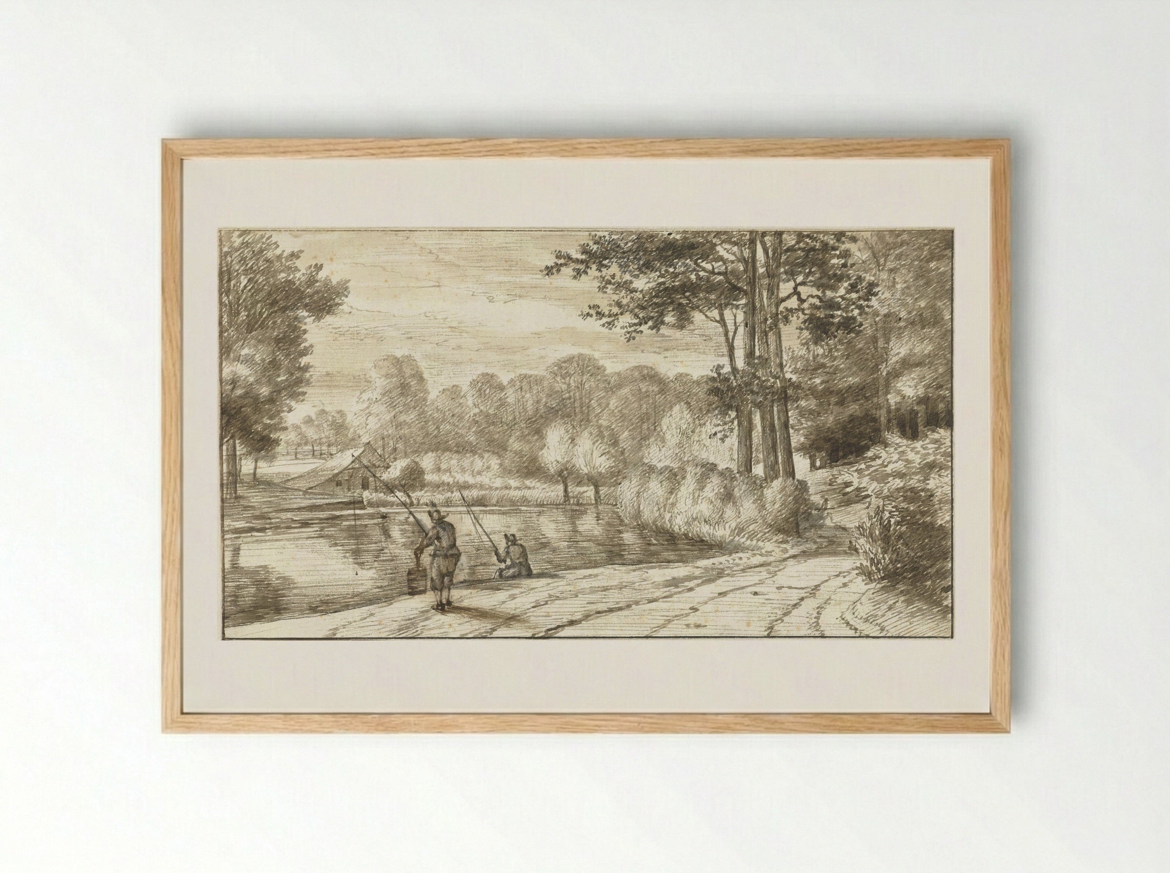 Landschap met twee hengelaars langs een weg - Abraham Rutgers - Framed Print Wood