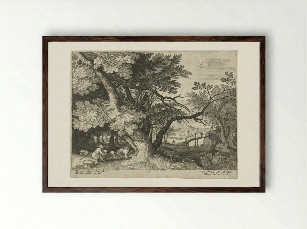 Landschap met twee jagers - Aegidius Sadeler (II) - Framed Print Dark Wood
