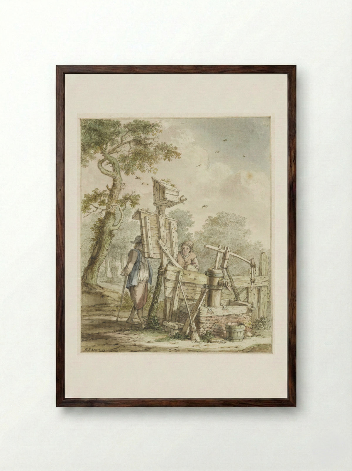 Landschap met twee mannen bij een aanplakbord bij een waterpomp - Bartholomeus Barbiers - Framed Print Dark Wood