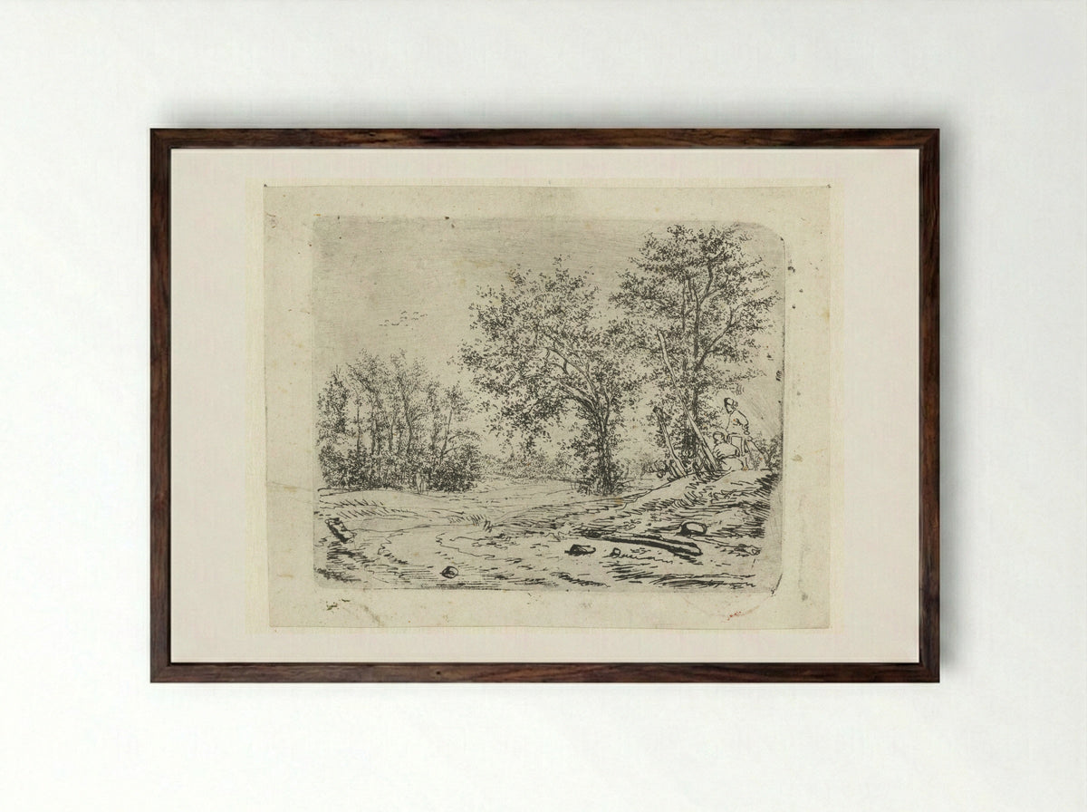 Landschap met twee mannen die een naakte vrouw bespieden - Claes van Beresteyn - Framed Print Dark Wood