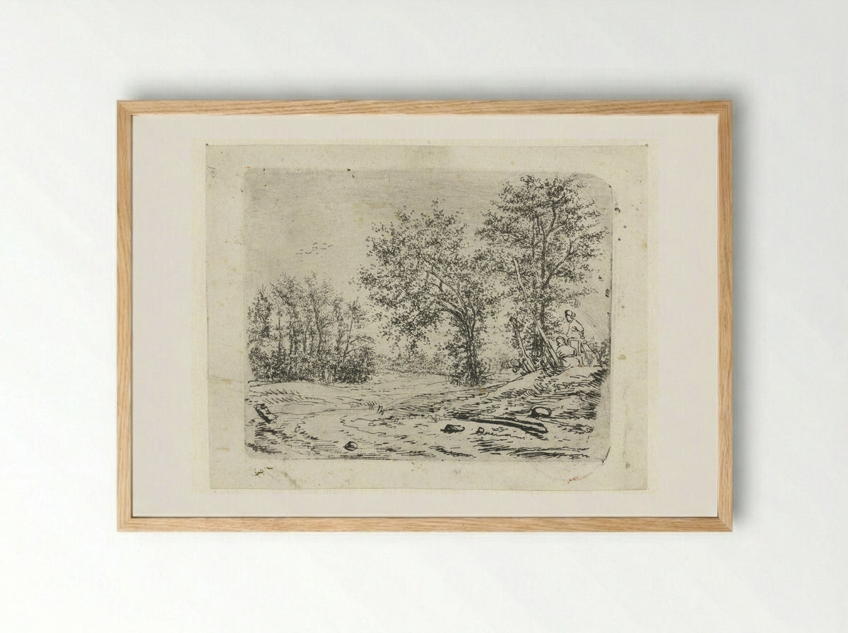 Landschap met twee mannen die een naakte vrouw bespieden - Claes van Beresteyn - Framed Print Wood