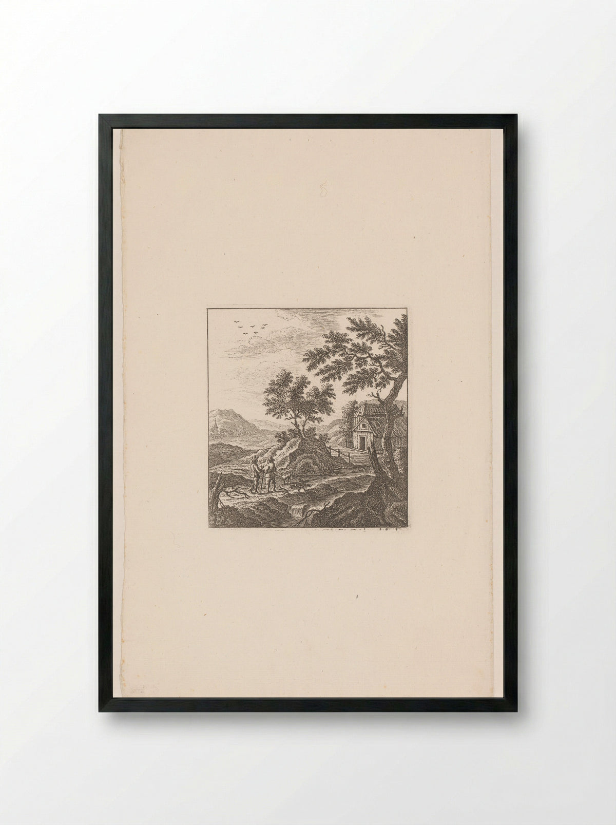 Landschap met twee mannen en een hond bij een boerderij - Johann Caspar Ulinger - Framed Print Black