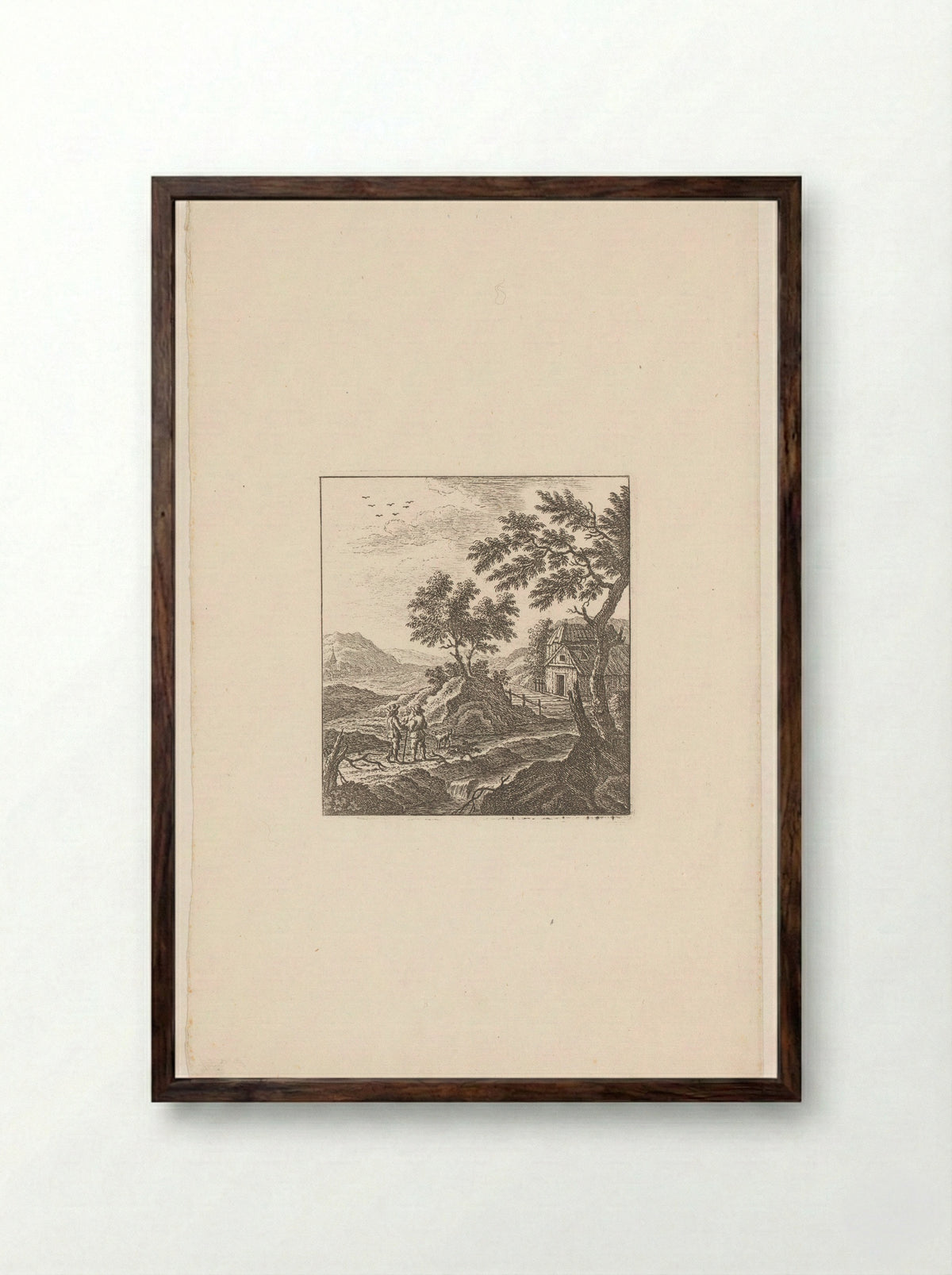 Landschap met twee mannen en een hond bij een boerderij - Johann Caspar Ulinger - Framed Print Dark Wood