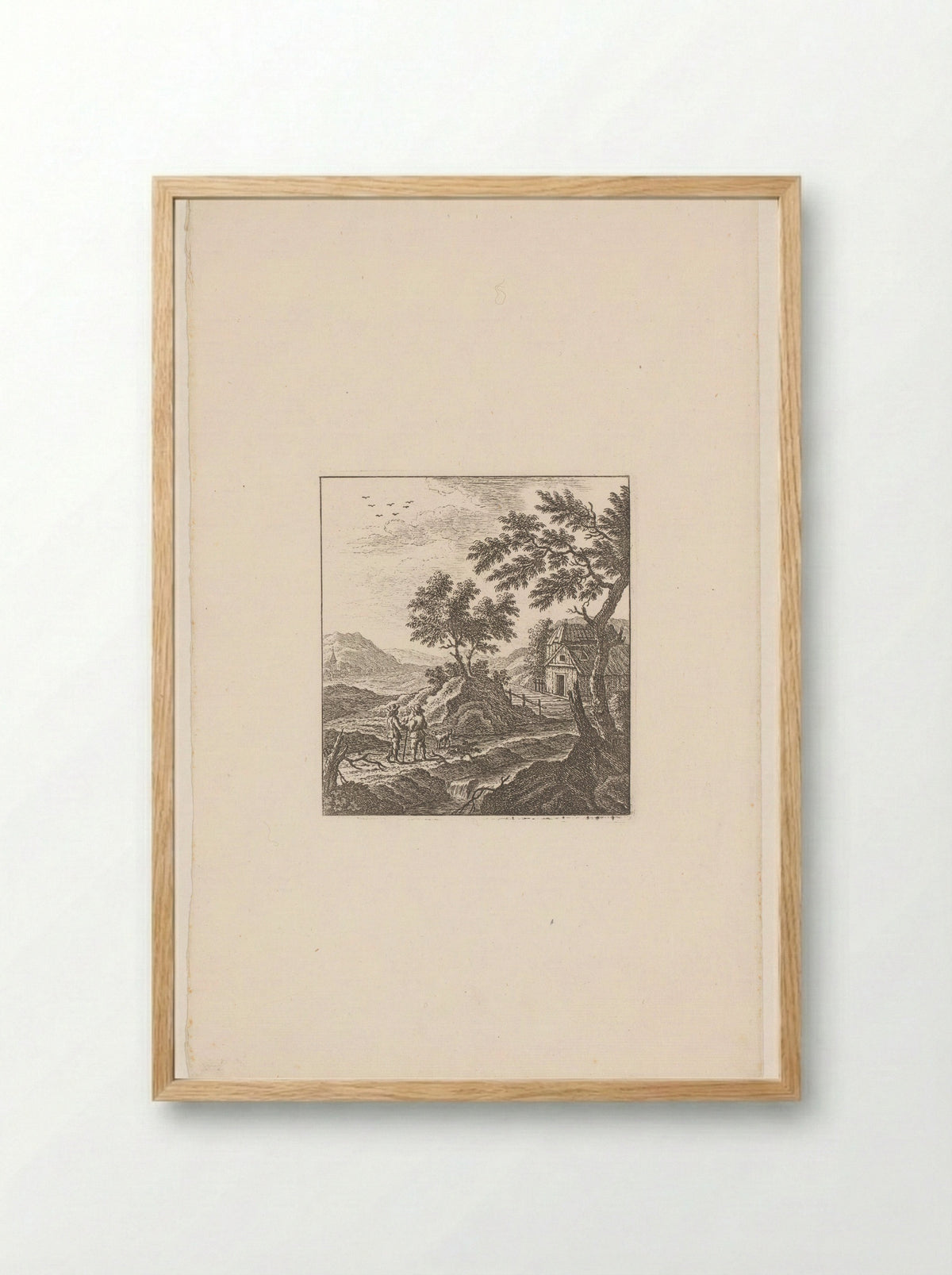 Landschap met twee mannen en een hond bij een boerderij - Johann Caspar Ulinger - Framed Print Wood