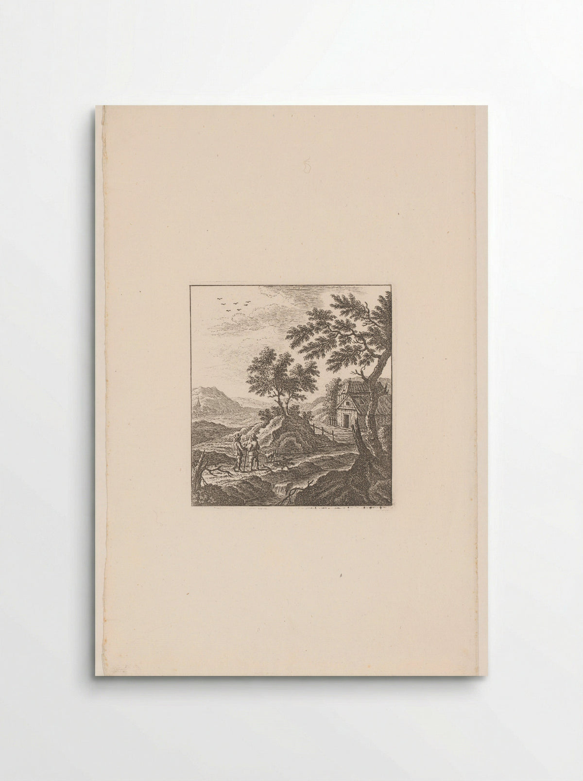Landschap met twee mannen en een hond bij een boerderij - Johann Caspar Ulinger - Poster