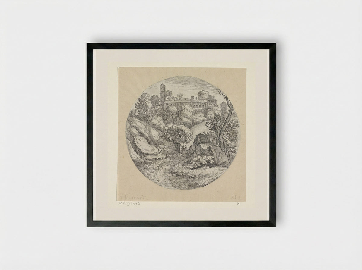 Landschap met twee ruiters en een kasteel - Giovanni Francesco Grimaldi - Framed Print Black