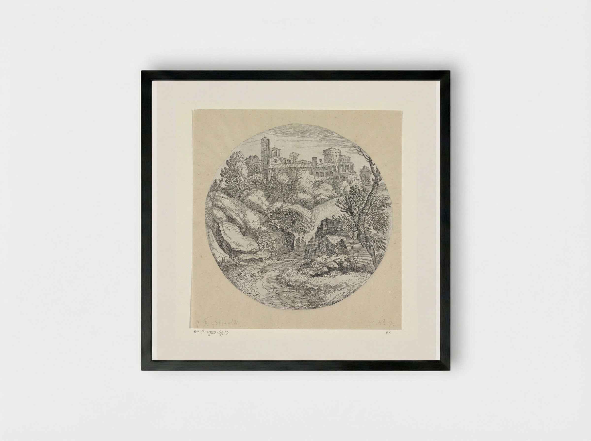 Landschap met twee ruiters en een kasteel - Giovanni Francesco Grimaldi - Framed Print Black