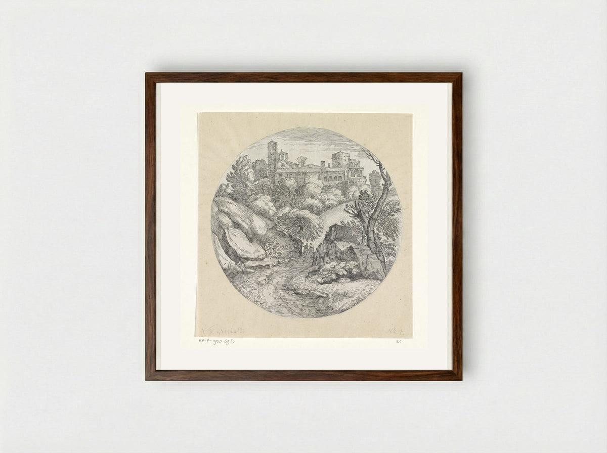 Landschap met twee ruiters en een kasteel - Giovanni Francesco Grimaldi - Framed Print Dark Wood