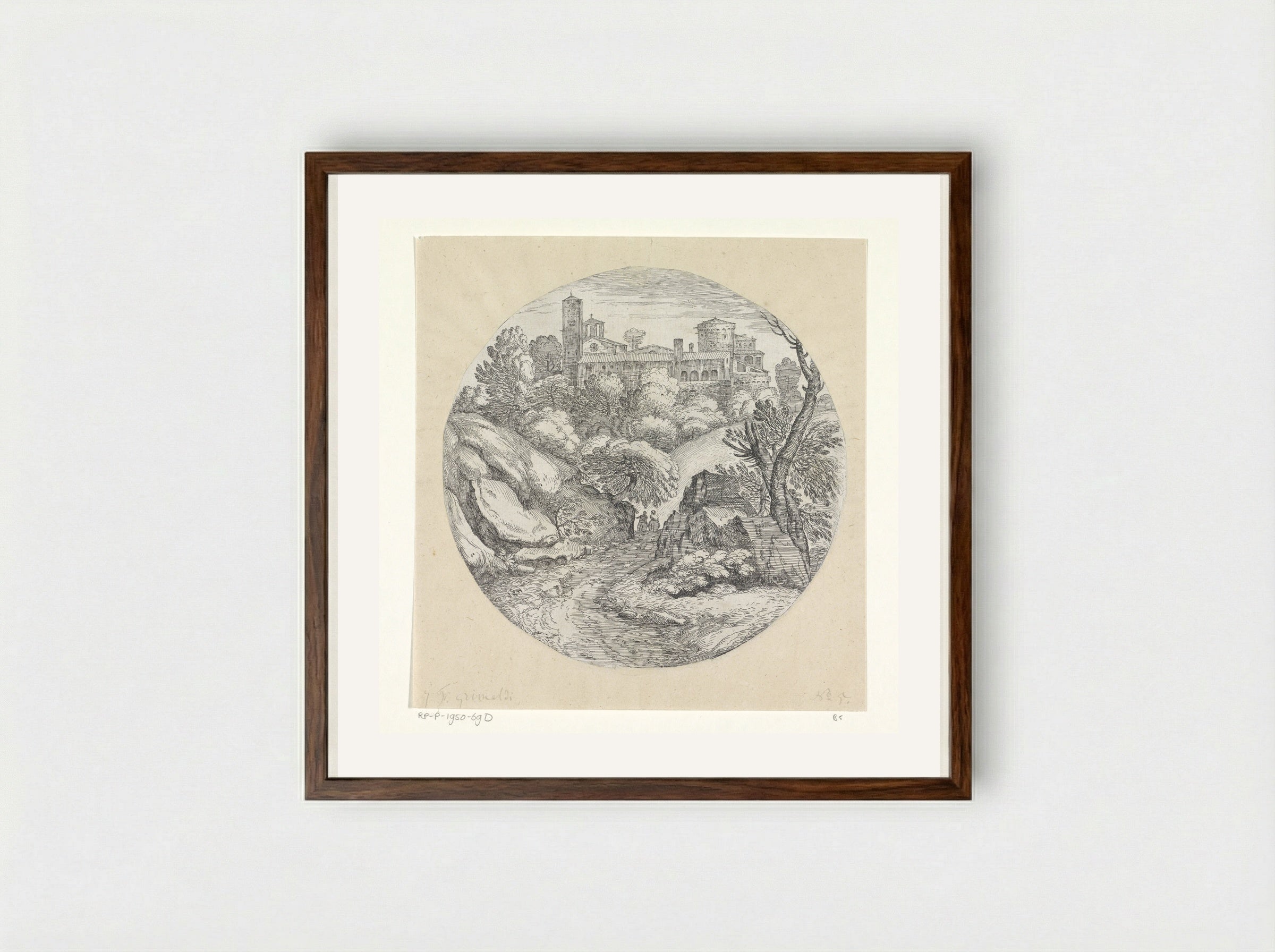 Landschap met twee ruiters en een kasteel - Giovanni Francesco Grimaldi - Framed Print Dark Wood