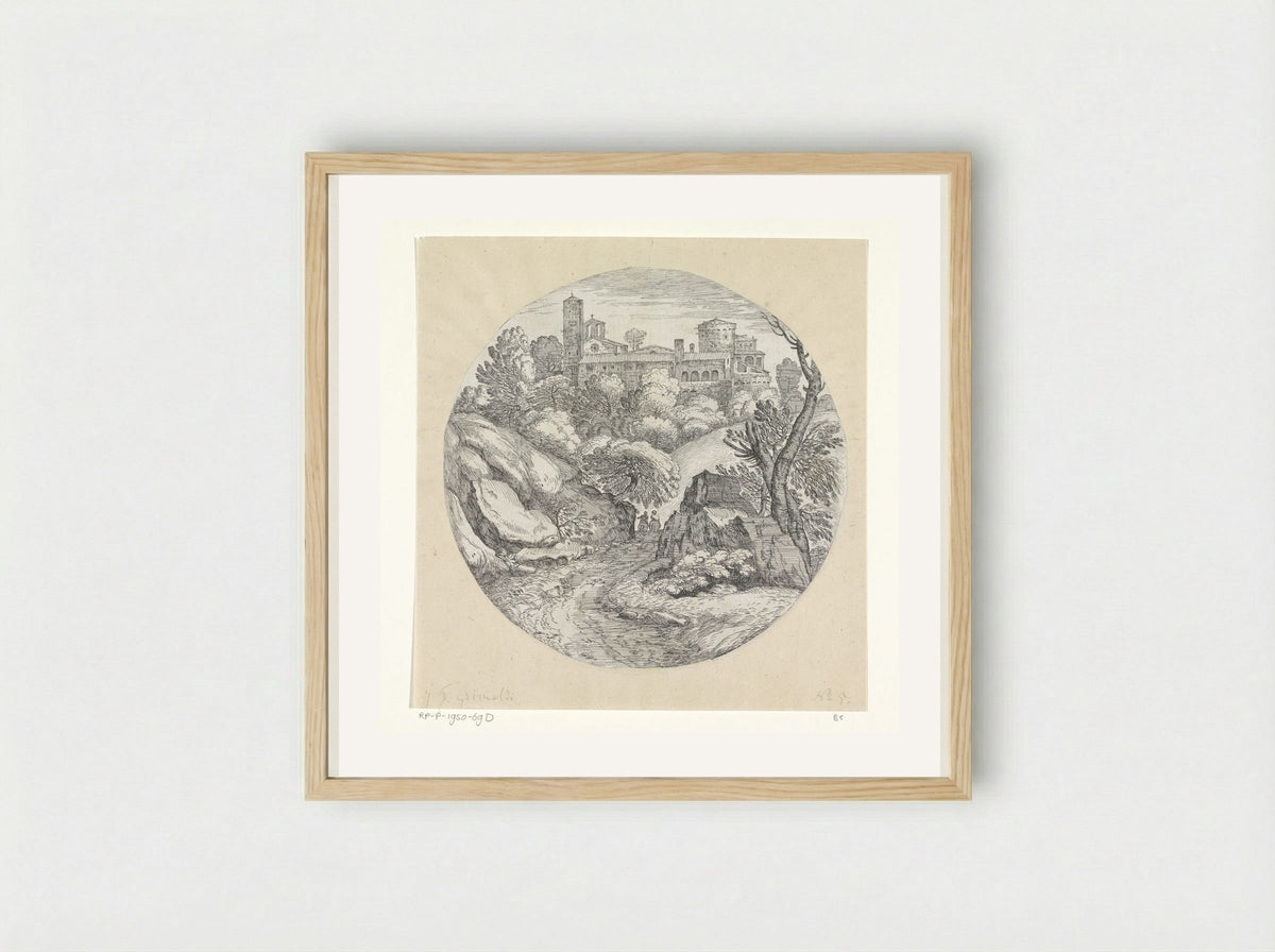Landschap met twee ruiters en een kasteel - Giovanni Francesco Grimaldi - Framed Print Wood