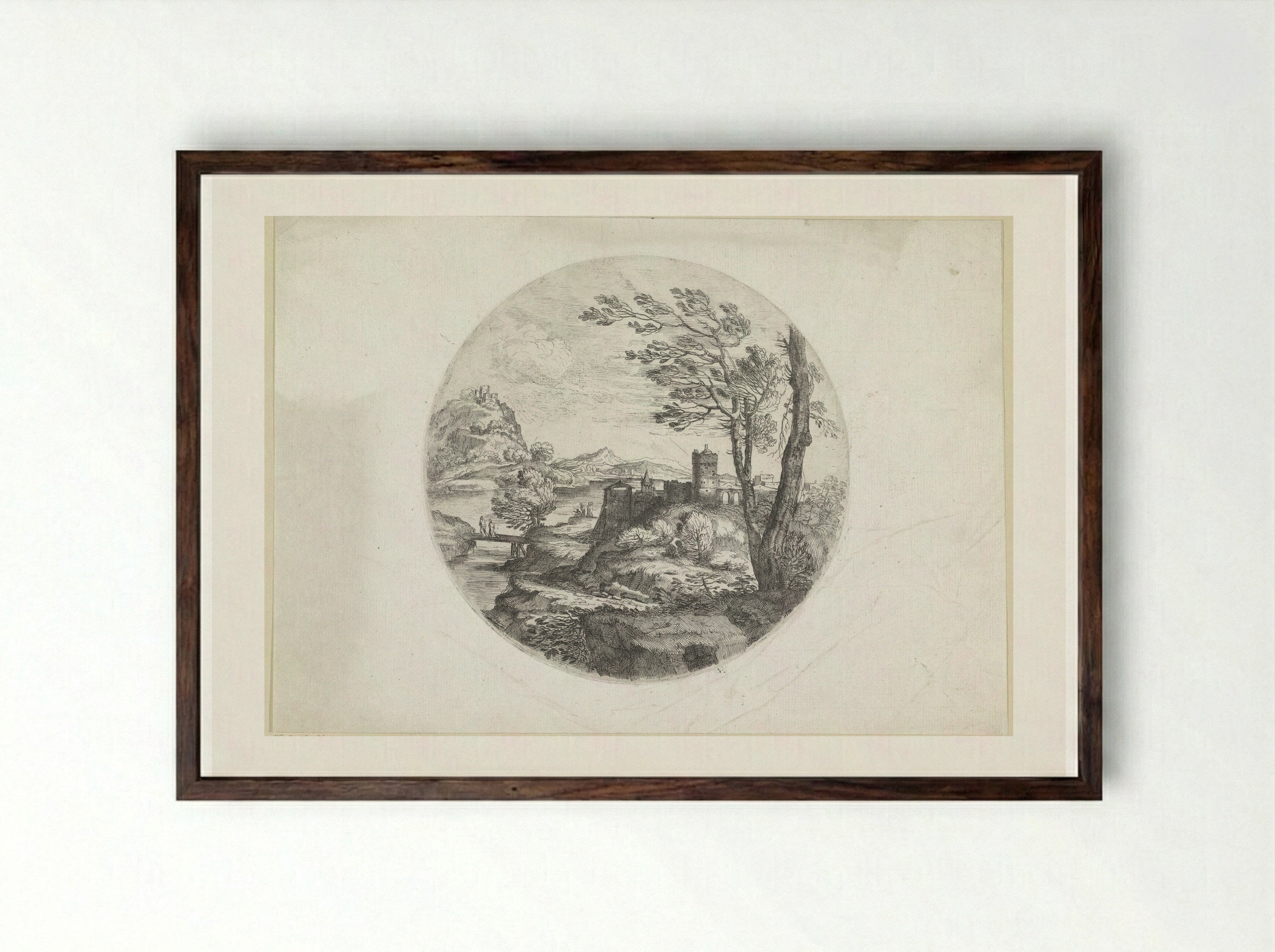 Landschap met twee vrouwen op een brug - Giovanni Francesco Grimaldi - Framed Print Dark Wood