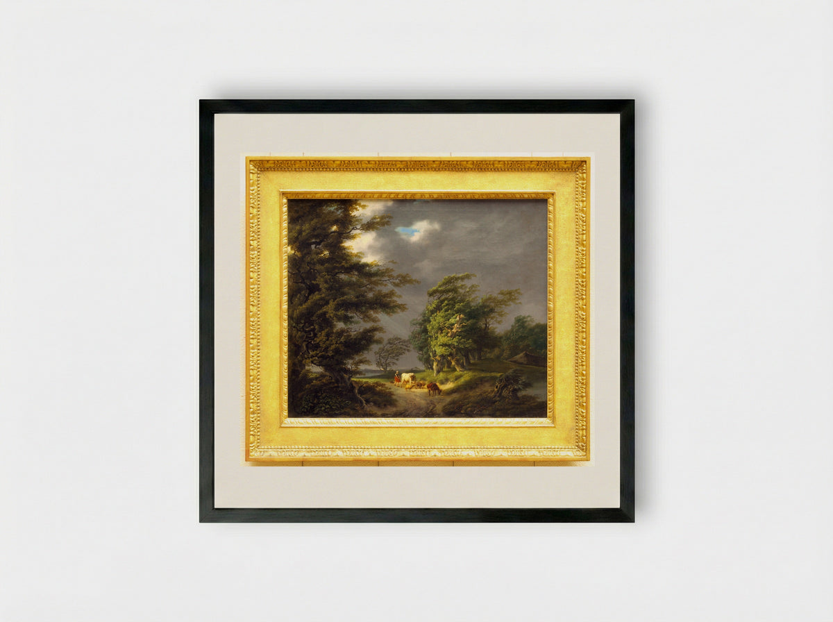Landschap met twee wandelaars bij een hutje - Hermanus van Brussel - Framed Print Black
