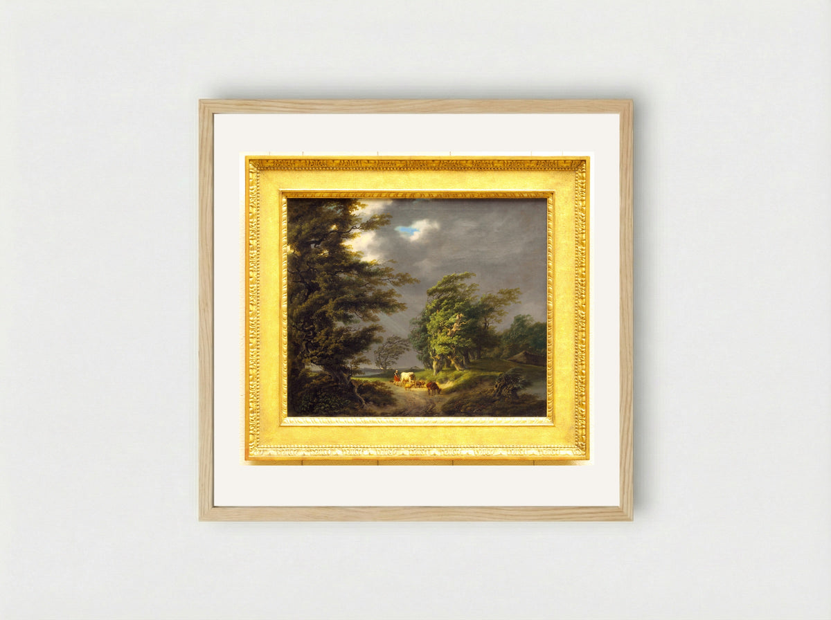 Landschap met twee wandelaars bij een hutje - Hermanus van Brussel - Framed Print Wood